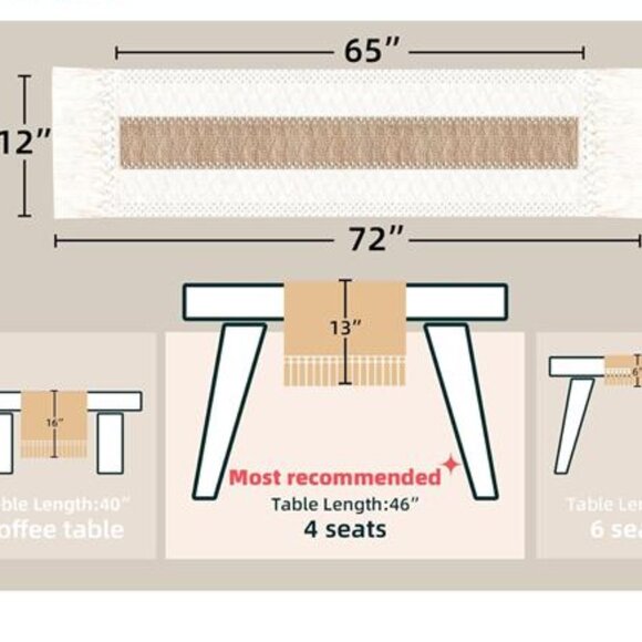 Boho Table Runner with Tassels - 72 Inc Cream & Brown Macrame Burlap-(12x72 Inch - Picture 2 of 8